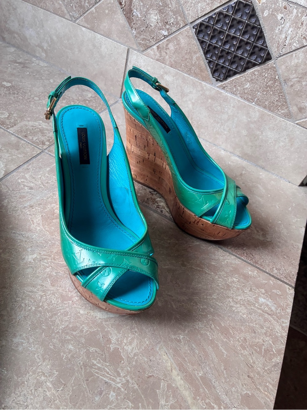 Louis Vuitton Turquoise Green Cork Wedge Sandals - Picture 3 of 5